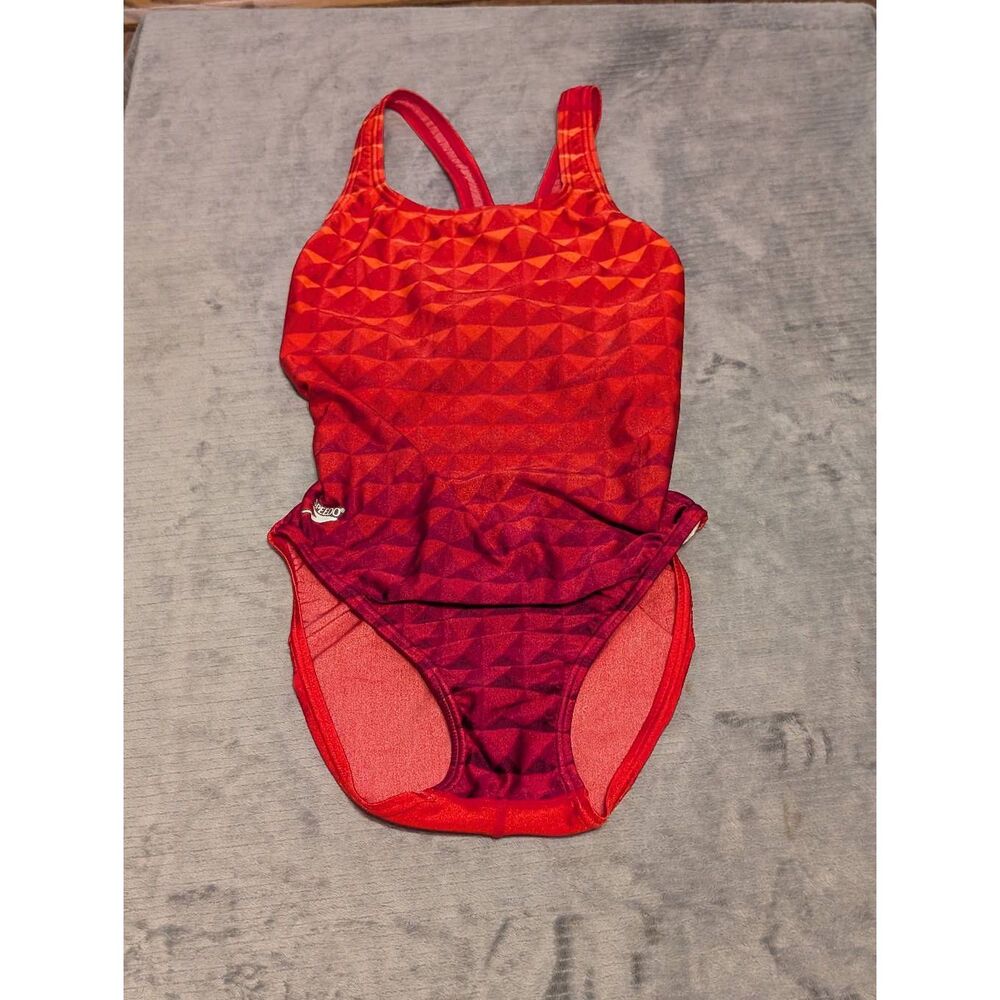 Speedo size 38 Red Geometric Print One Piece Racer Swim Suit